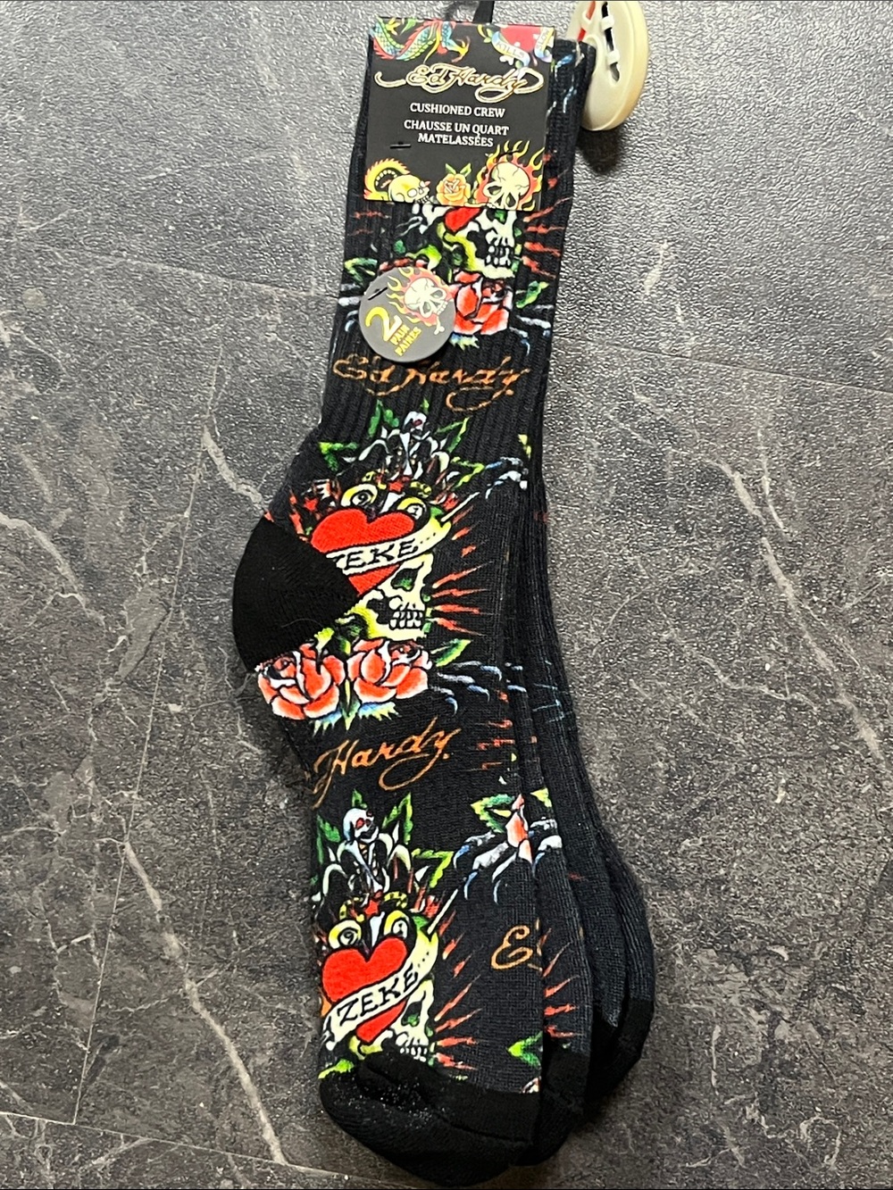 Ed Hardy Black Crew Socks with Red Heart & Green Rose Tattoo Graphics